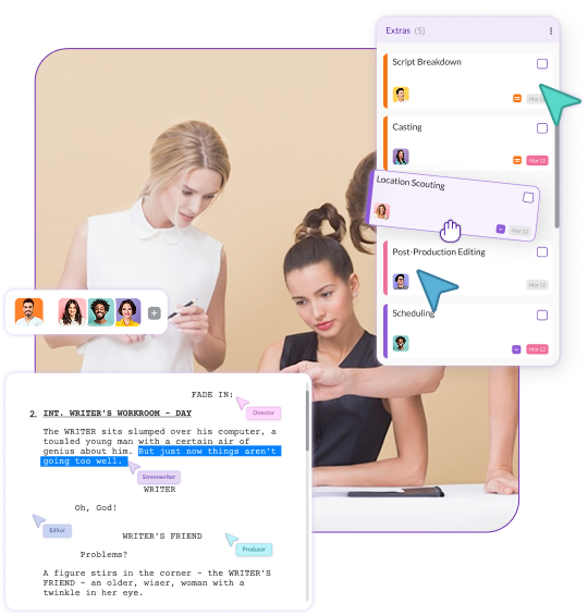 Filmmakers collaborating on a script using the Pzaz.io interface to assign roles, manage production tasks, and coordinate editing and scheduling.