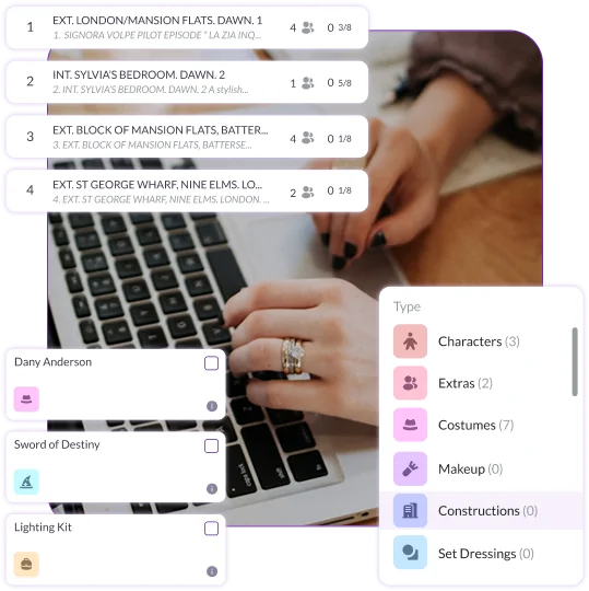 Pzaz scene breakdowns and asset tracking interface